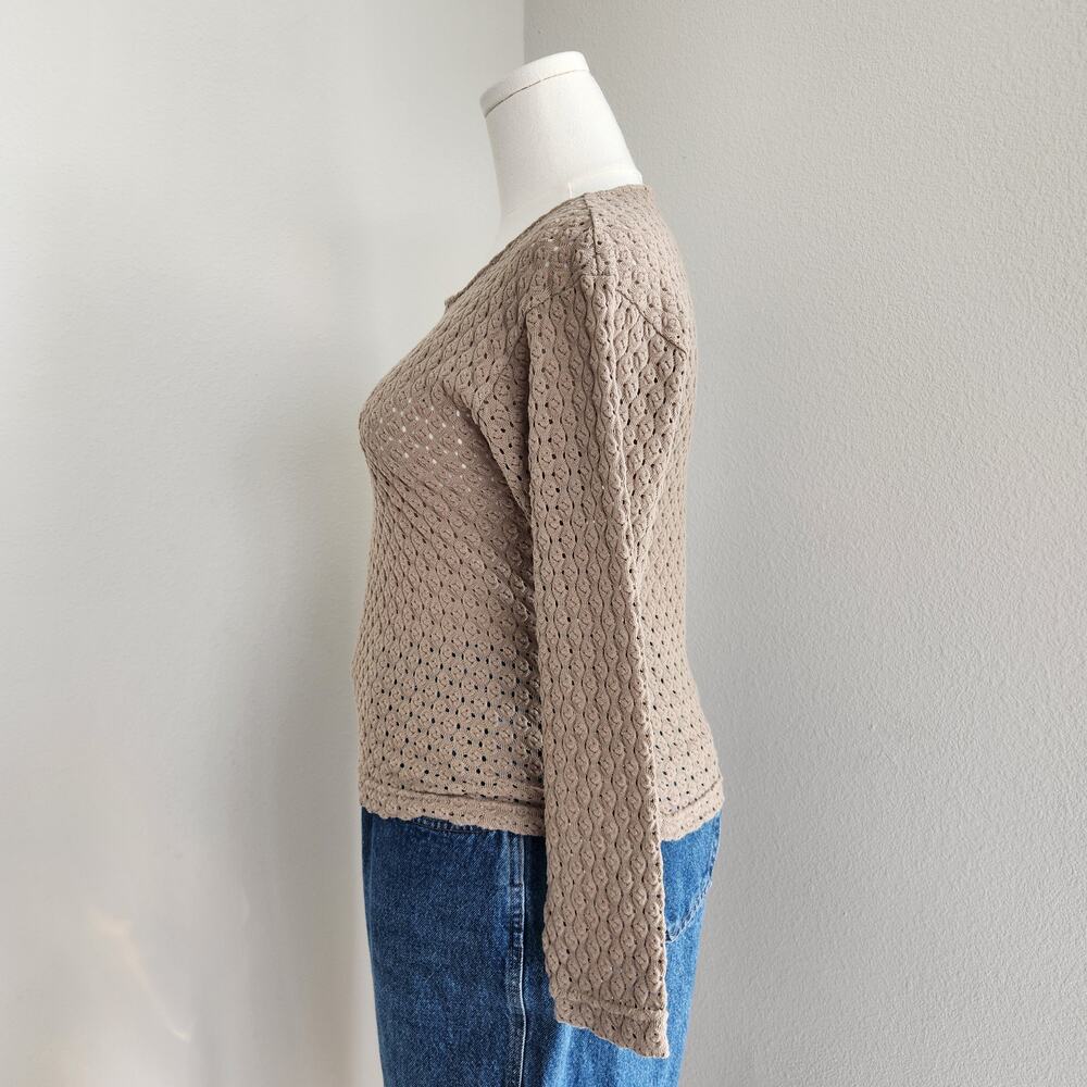 Vintage 90s Taupe Brown Open Knit Long Sleeve Pullover Sweater Top Neutral L - Picture 7 of 9